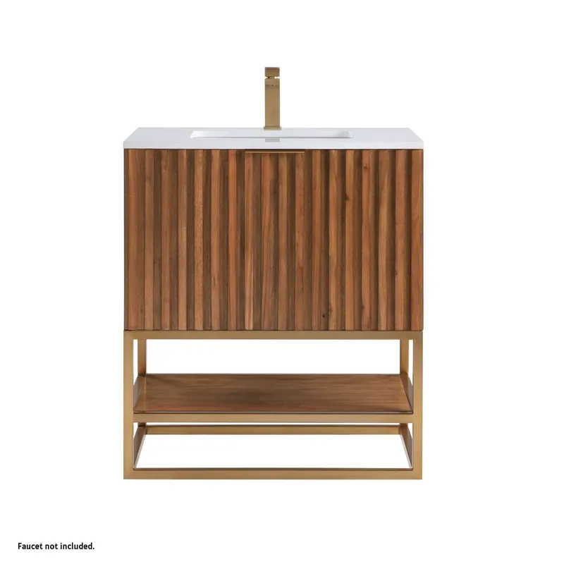 Bemma Design Terra 30" Walnut Solid Wood Freestanding Bathroom Vanity With Single 1-Hole White Quartz Vanity Top, Rectangle Undermount Sink and Satin Brass Trim Holiday Sale