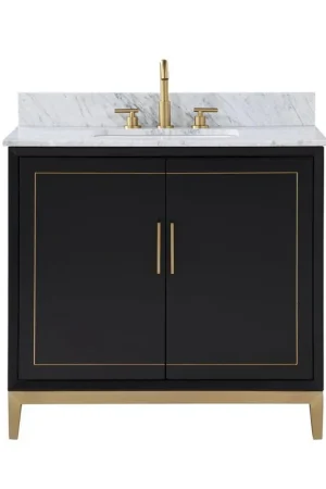 High Quality Bemma Design Gracie 36" Midnight Black Solid Wood Freestanding Bathroom Vanity With Single 3-Hole Italian Carra Marble Vanity Top, Rectangle Undermount Sink, Backsplash and Satin Brass Trim