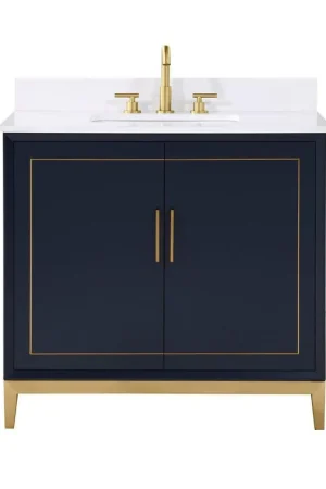 Bemma Design Gracie 36" Pacific Blue Solid Wood Freestanding Bathroom Vanity With Single 3-Hole White Quartz Vanity Top, Rectangle Undermount Sink, Backsplash and Satin Brass Trim Editor’s Pick