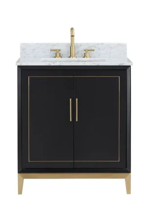 Exclusive Bemma Design Gracie 30" Midnight Black Solid Wood Freestanding Bathroom Vanity With Single 3-Hole Italian Carra Marble Vanity Top, Rectangle Undermount Sink, Backsplash and Satin Brass Trim