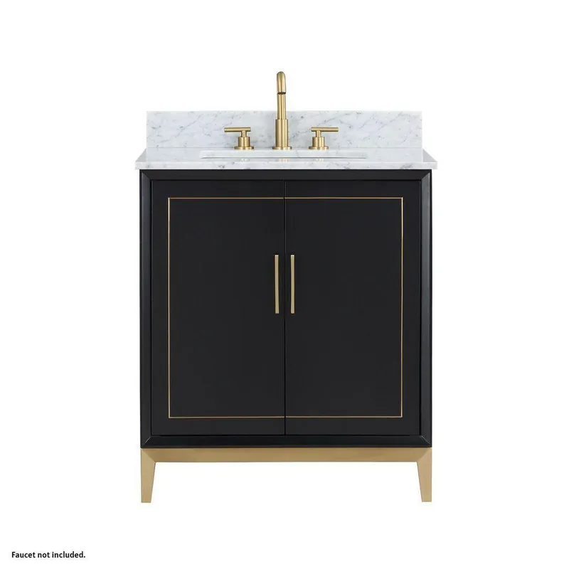 Exclusive Bemma Design Gracie 30" Midnight Black Solid Wood Freestanding Bathroom Vanity With Single 3-Hole Italian Carra Marble Vanity Top, Rectangle Undermount Sink, Backsplash and Satin Brass Trim