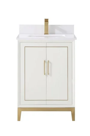 Bemma Design Gracie 24" Satin White Solid Wood Freestanding Bathroom Vanity With Single 1-Hole White Quartz Vanity Top, Rectangle Undermount Sink, Backsplash and Satin Brass Trim Final Sale