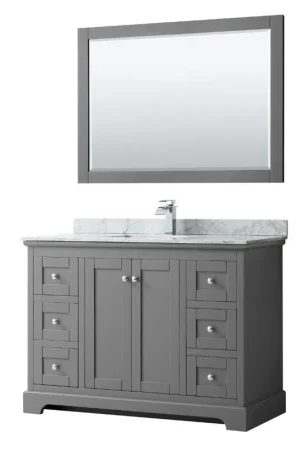 Limited Offer Wyndham Collection Avery 48" Dark Gray Single Bathroom Vanity Set With White Carrara Marble Countertop With 1-Hole Faucet And Square Sink And 46" Mirror