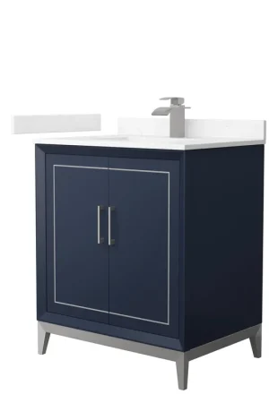 Wyndham Collection Marlena 30" Single Bathroom Vanity in Dark Blue, Carrara Cultured Marble Countertop, Undermount Square Sink, Brushed Nickel Trim Free Shipping