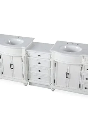 Special Discount Silkroad Exclusive 90" Double Sink Antique White Modular Bathroom Vanity With Carrara White Marble Countertop and White Ceramic Undermount Sink