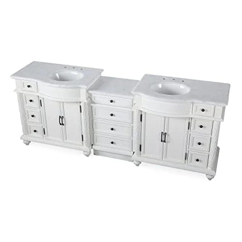 Special Discount Silkroad Exclusive 90" Double Sink Antique White Modular Bathroom Vanity With Carrara White Marble Countertop and White Ceramic Undermount Sink