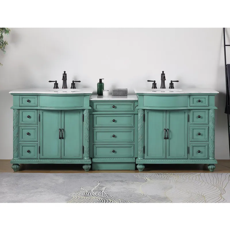 Genuine Silkroad Exclusive 90" Double Sink Vintage Green Modular Bathroom Vanity With Carrara White Marble Countertop and White Ceramic Undermount Sink