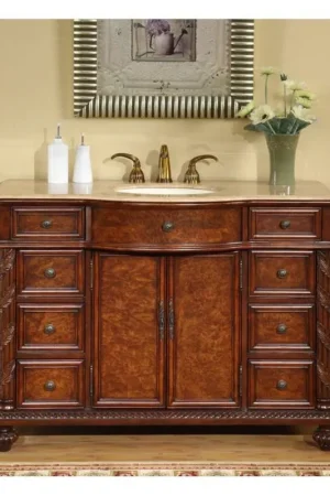 Shop Now Silkroad Exclusive 48" Single Sink Red Mahogany Bathroom Vanity With Travertine Countertop and Ivory Ceramic Undermount Sink