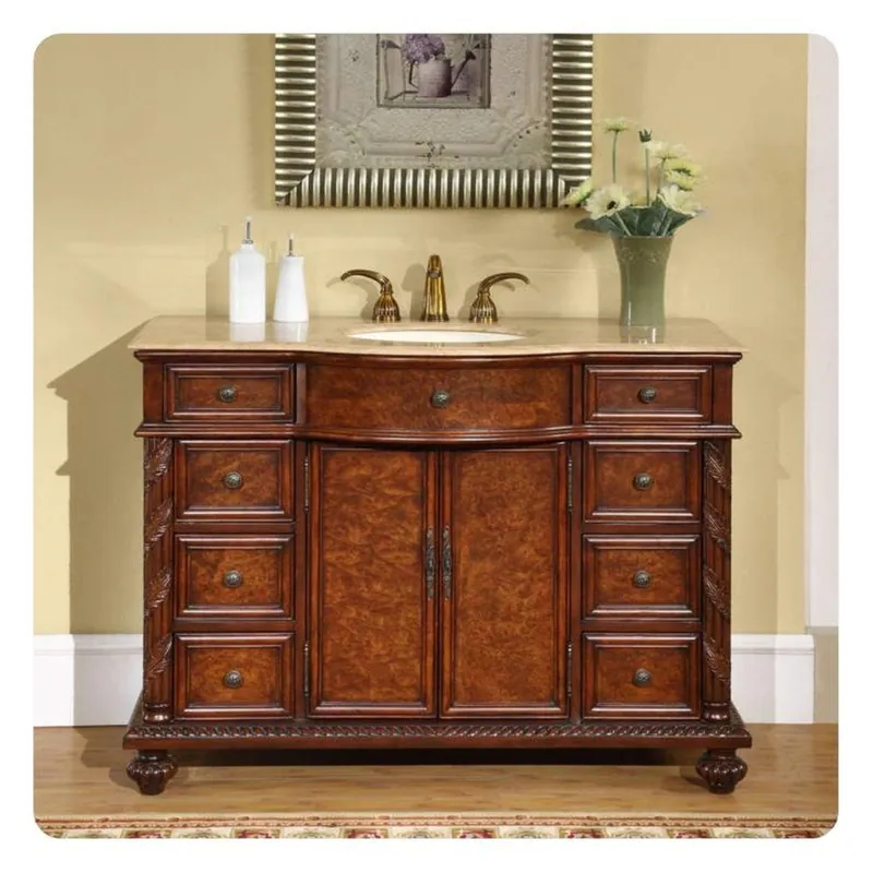 Shop Now Silkroad Exclusive 48" Single Sink Red Mahogany Bathroom Vanity With Travertine Countertop and Ivory Ceramic Undermount Sink