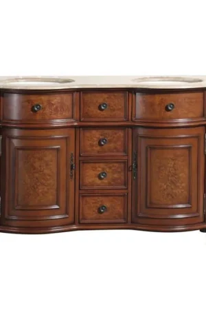 Silkroad Exclusive 55" Double Sink Natural Cherry Bathroom Vanity With Travertine Countertop and Ivory Ceramic Undermount Sink Limited Time