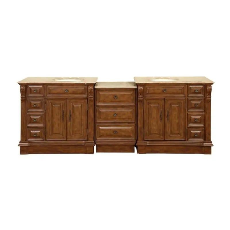 Editor’s Pick Silkroad Exclusive 95" Double Sink Walnut Modular Bathroom Vanity With Travertine Countertop and Ivory Ceramic Undermount Sink