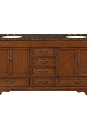 Silkroad Exclusive 72" Double Sink Red Chestnut Bathroom Vanity With Baltic Brown Granite Countertop and Ivory Ceramic Undermount Sink Price Drop