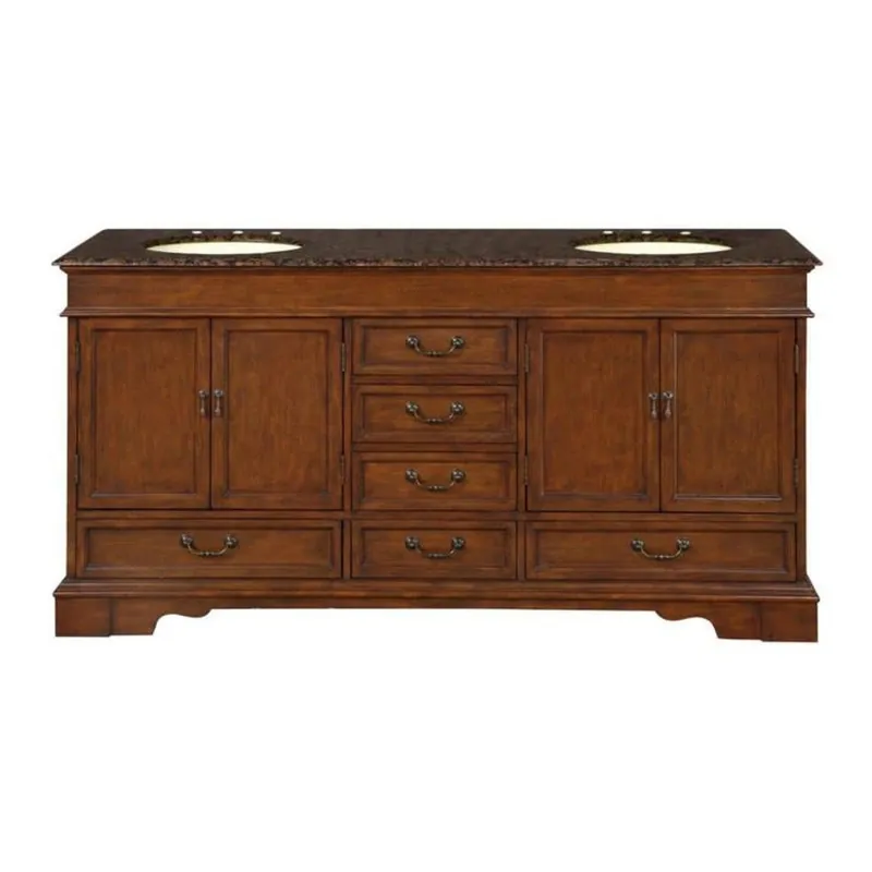 Silkroad Exclusive 72" Double Sink Red Chestnut Bathroom Vanity With Baltic Brown Granite Countertop and Ivory Ceramic Undermount Sink Price Drop