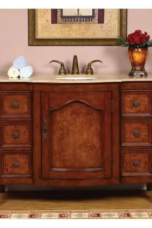 Silkroad Exclusive 48" Single Sink Red Oak Bathroom Vanity With Travertine Countertop and Ivory Ceramic Undermount Sink In Demand