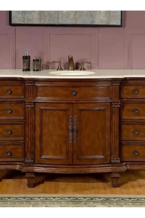 Handmade Silkroad Exclusive 60" Single Sink Brazilian Rosewood Bathroom Vanity With Crema Marfil Marble Countertop and White Ceramic Undermount Sink