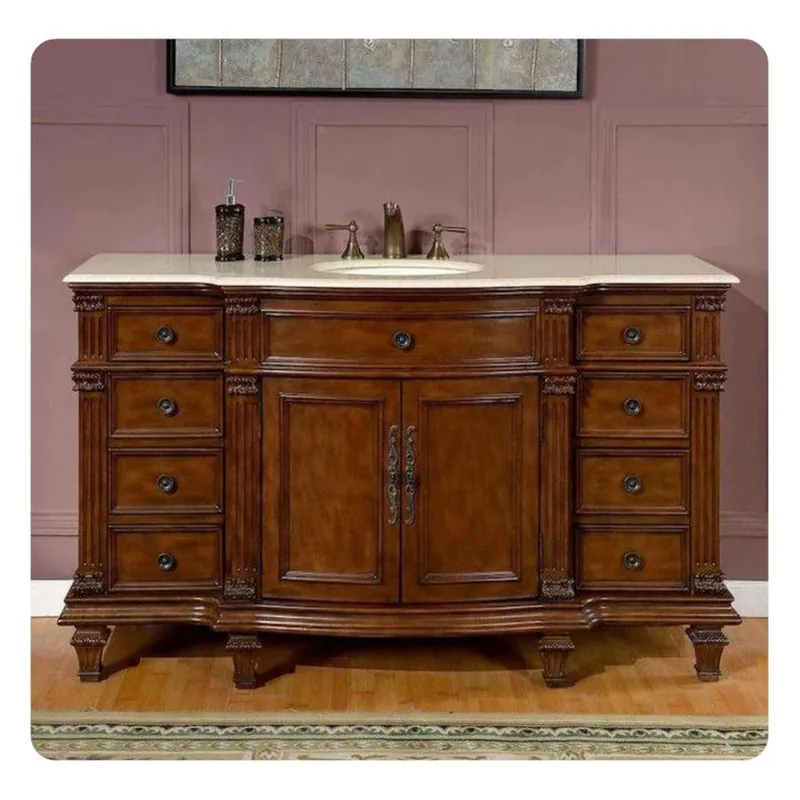 Handmade Silkroad Exclusive 60" Single Sink Brazilian Rosewood Bathroom Vanity With Crema Marfil Marble Countertop and White Ceramic Undermount Sink