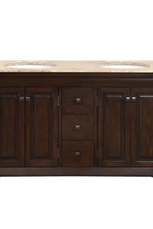 Silkroad Exclusive 55" Double Sink Dark Walnut Bathroom Vanity With Travertine Countertop and White Ceramic Undermount Sink Limited Time