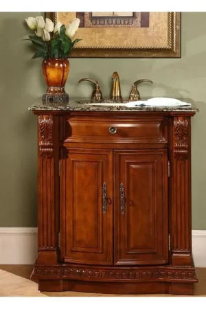 Professional Grade Silkroad Exclusive 33" Single Sink Cherry Bathroom Vanity With Baltic Brown Granite Countertop and Ivory Ceramic Undermount Sink