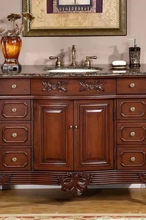 Silkroad Exclusive 48" Single Sink Dark Cherry Bathroom Vanity With Baltic Brown Granite Countertop and Ivory Ceramic Undermount Sink Latest
