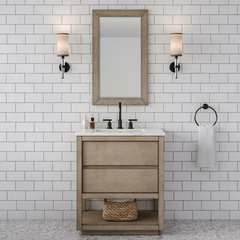 Water Creation Oakman 30" Single Sink Carrara White Marble Countertop Bath Vanity in Grey Oak with Rectangular Mirror Free Returns