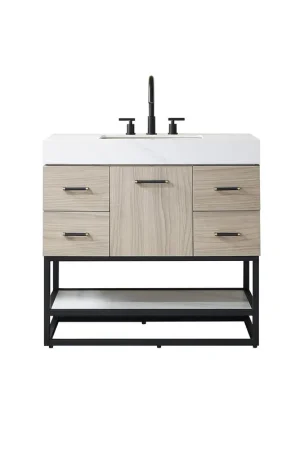 Best Choice Vinnova Toledo 36" Single Sink Bath Vanity In Light Walnut Finish With White Sintered Stone Top