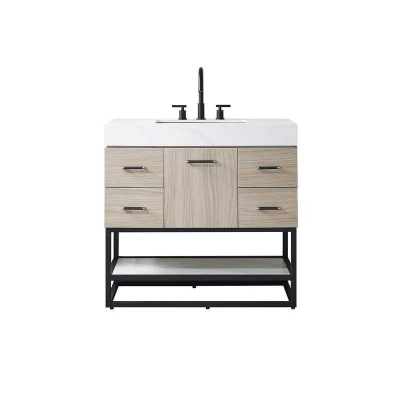 Best Choice Vinnova Toledo 36" Single Sink Bath Vanity In Light Walnut Finish With White Sintered Stone Top