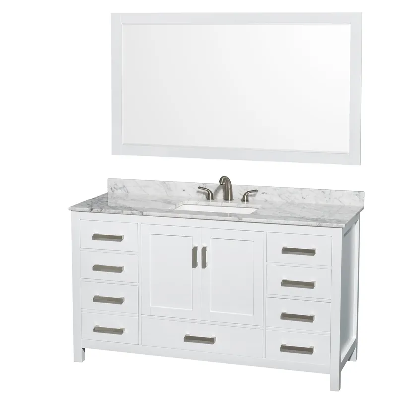 Wyndham Collection Sheffield 60" Single Bathroom Vanity in White, White Carrara Marble Countertop, Undermount 3-Hole Square Sink, 58" Mirror Limited Time