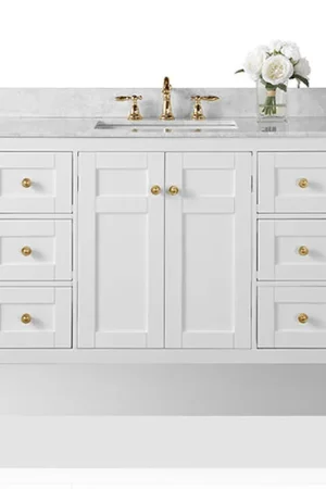Sale Ancerre Designs Maili 48" 2-Door 6-Drawer White Bathroom Vanity With Italian Carrara White Marble Vanity Top, Single Rectangle Undermount Ceramic Sink, 4" Solid Wood Backsplash and Satin Brushed Gold Hardware
