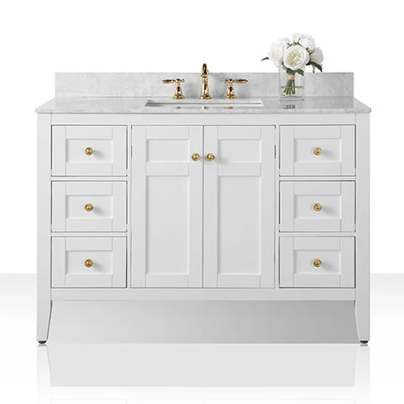Sale Ancerre Designs Maili 48" 2-Door 6-Drawer White Bathroom Vanity With Italian Carrara White Marble Vanity Top, Single Rectangle Undermount Ceramic Sink, 4" Solid Wood Backsplash and Satin Brushed Gold Hardware