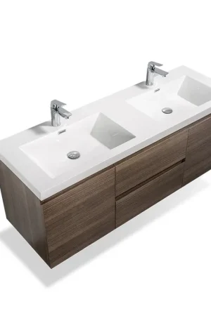 Brand New TONA Angela 72" White & Gray Oak Wall-Mounted Bathroom Vanity With Faux Marble Integrated Top & Double Sink