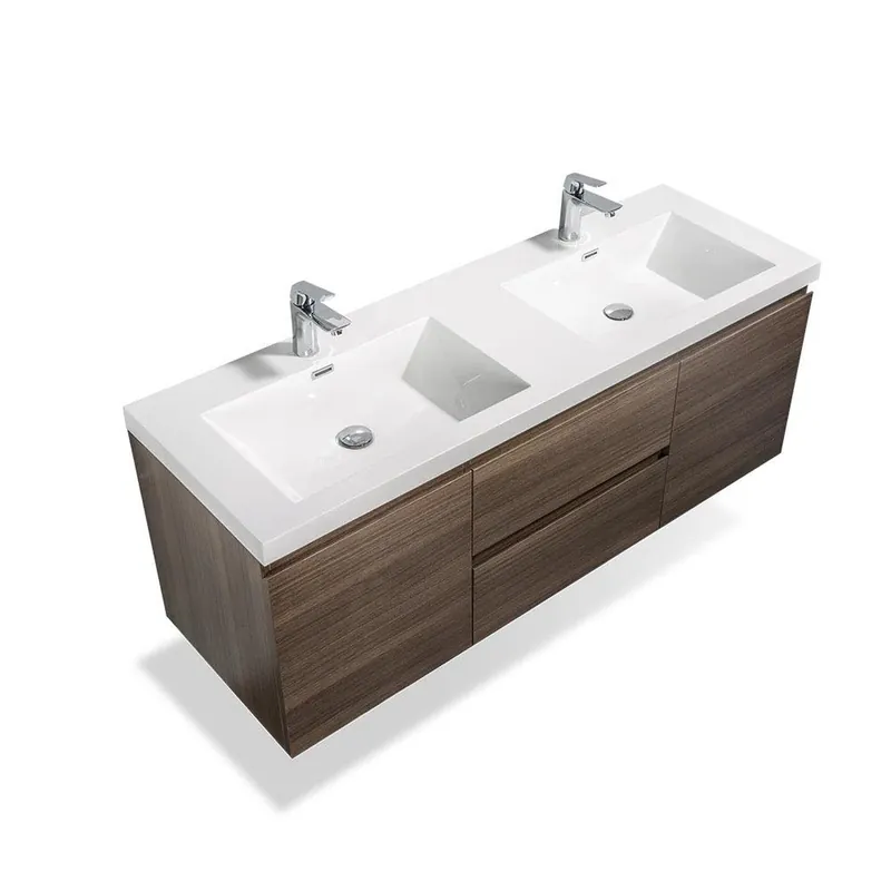 Brand New TONA Angela 72" White & Gray Oak Wall-Mounted Bathroom Vanity With Faux Marble Integrated Top & Double Sink