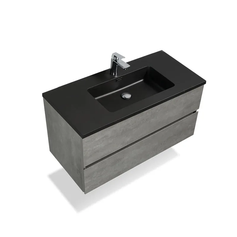 TONA Edi 36" Cement Gray & Black Wall-Mounted Bathroom Vanity With Black Quartz Integrated Top & Sink Bulk Order
