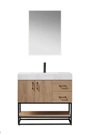 Crafted Vinnova Alistair 36" North American Oak Freestanding Single Vanity Set In Matte Black Metal Bracket Support Base and White Grain Stone Top With Undermount Ceramic Sink and Mirror