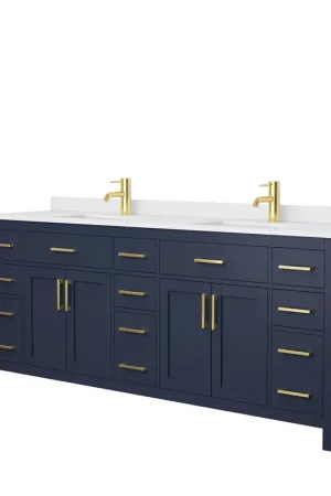 Wyndham Collection Beckett 84" Double Bathroom Dark Blue Vanity With White Cultured Marble Countertop, Undermount Square Sink And Brushed Gold Trim Holiday Sale