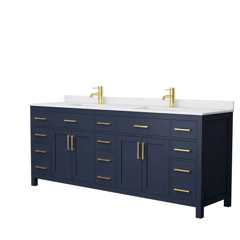 Wyndham Collection Beckett 84" Double Bathroom Dark Blue Vanity With White Cultured Marble Countertop, Undermount Square Sink And Brushed Gold Trim Holiday Sale
