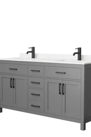 Viral Wyndham Collection Beckett 66" Double Bathroom Dark Gray Vanity With White Carrara Cultured Marble Countertop, Undermount Square Sink And Matte Black Trim