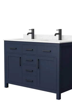 Viral Wyndham Collection Beckett 48" Double Bathroom Dark Blue Vanity With White Carrara Cultured Marble Countertop, Undermount Square Sink And Matte Black Trim