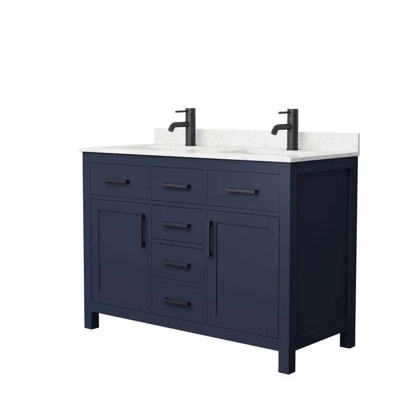 Viral Wyndham Collection Beckett 48" Double Bathroom Dark Blue Vanity With White Carrara Cultured Marble Countertop, Undermount Square Sink And Matte Black Trim