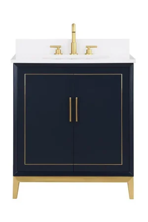 Best Seller Bemma Design Gracie 30" Pacific Blue Solid Wood Freestanding Bathroom Vanity With Single 3-Hole White Quartz Vanity Top, Rectangle Undermount Sink, Backsplash and Satin Brass Trim