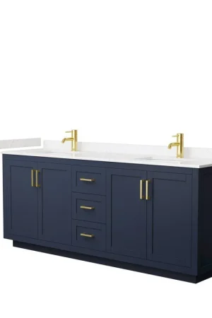 Wyndham Collection Miranda 80" Double Bathroom Dark Blue Vanity Set With Light-Vein Carrara Cultured Marble Countertop, Undermount Square Sink, And Brushed Gold Trim Best Price