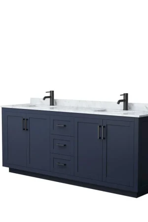 Mega Sale Wyndham Collection Miranda 80" Double Bathroom Dark Blue Vanity Set With White Carrara Marble Countertop, Undermount Square Sink, And Matte Black Trim