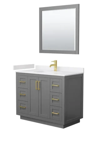 Wyndham Collection Miranda 42" Single Bathroom Dark Gray Vanity Set With White Cultured Marble Countertop, Undermount Square Sink, 34" Mirror And Brushed Gold Trim Last Chance