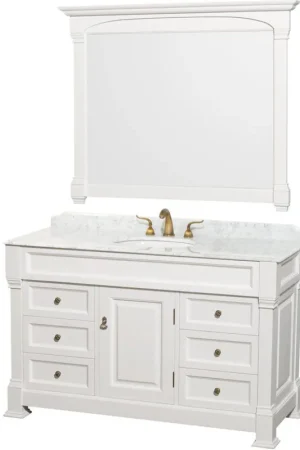 Professional Grade Wyndham Collection Andover 55" Single Bathroom White Vanity Set With White Carrara Marble Countertop And Undermount Oval Sink, And 50" Mirror