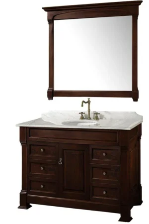 Wyndham Collection Andover 48" Single Bathroom Dark Cherry Vanity Set With White Carrara Marble Countertop And Undermount Oval Sink, And 44" Mirror Worldwide Shipping