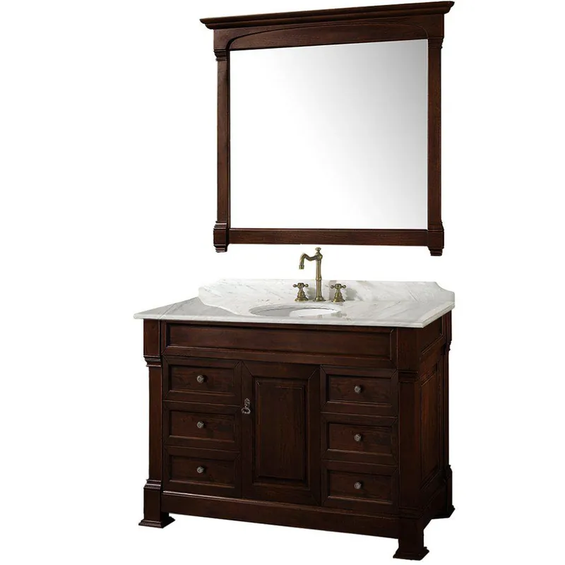 Wyndham Collection Andover 48" Single Bathroom Dark Cherry Vanity Set With White Carrara Marble Countertop And Undermount Oval Sink, And 44" Mirror Worldwide Shipping