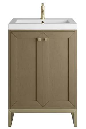 Worldwide Shipping James Martin Vanities Chianti 24" Walnut Whisper Champagne Brass Base Single Vanity With White Glossy Composite Stone Top