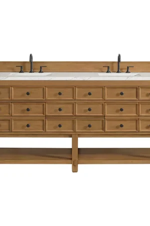 Authentic James Martin Vanities Malibu 72" Amber Birch Double Vanity With 3cm Ethereal Noctis Top With FreePower Wireless Charger