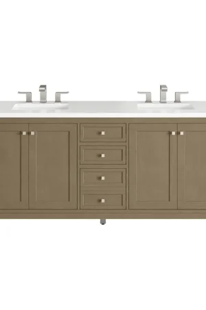 Worldwide Shipping James Martin Vanities Chicago 72" Walnut Whisper Double Vanity With 3cm White Zeus Silestone Top
