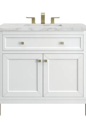 Authentic James Martin Vanities Chicago 36" Glossy White Single Vanity With 3cm Victorian Silver Silestone Top
