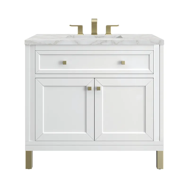Authentic James Martin Vanities Chicago 36" Glossy White Single Vanity With 3cm Victorian Silver Silestone Top